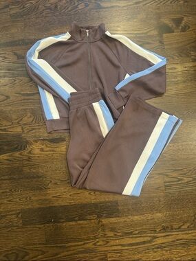 SPANX Brown Track Jacket & Pants with Blue and White Stripes